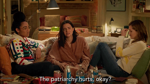 Characters from The Bold Type, one of which says, "The patriarchy hurts, okay?"